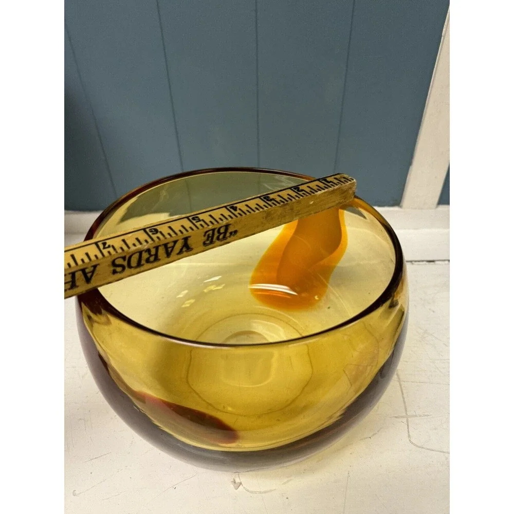 Hand‎ Blown Art Glass Bubble Bowl w/rare Auburn Red Orange Design 7.5” X 6”